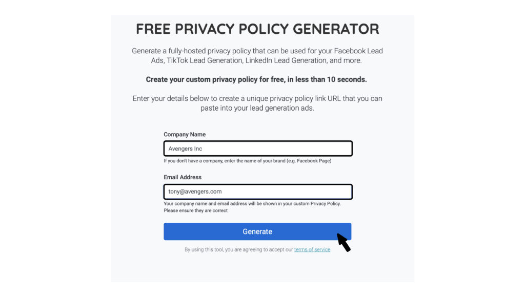 Privyr's free privacy policy generator tool form