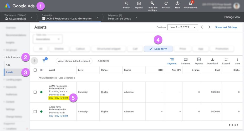 Manually downloading leads from Google forms lead extension