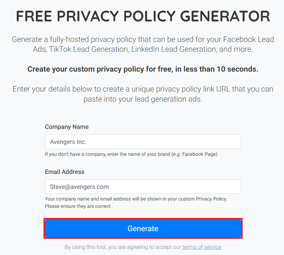 Privacy policy generator tool form