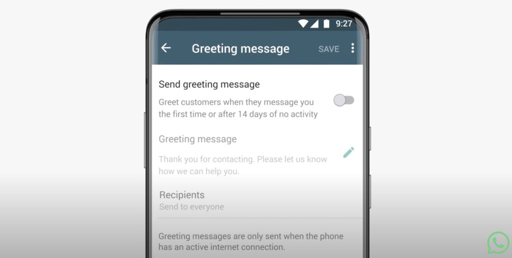 Greeting Message, one of the autoresponders available on WhatsApp Business