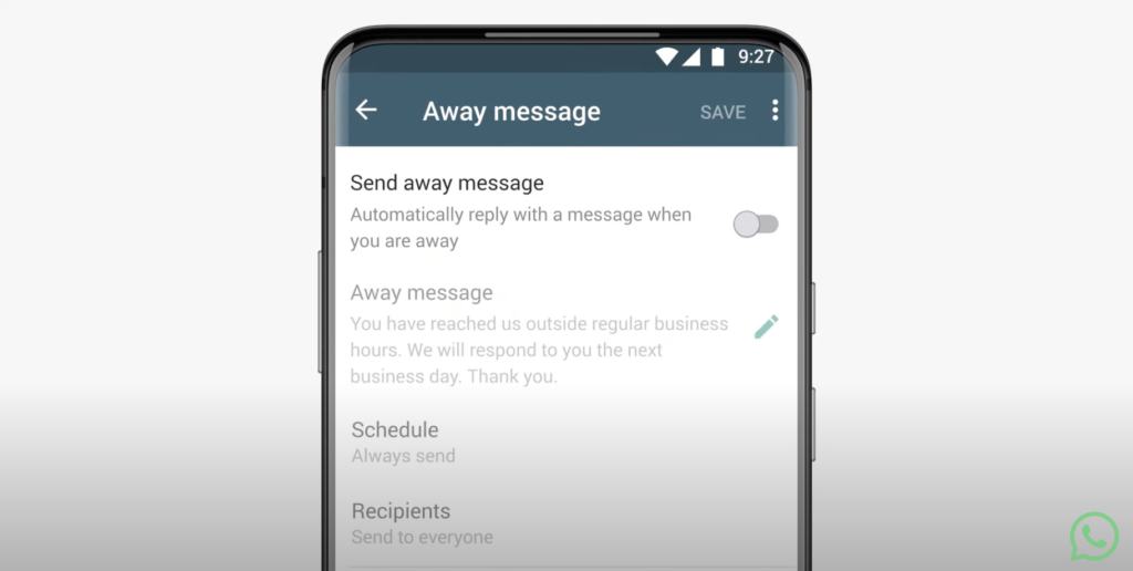 Away Message, one of the autoresponders available on WhatsApp Business