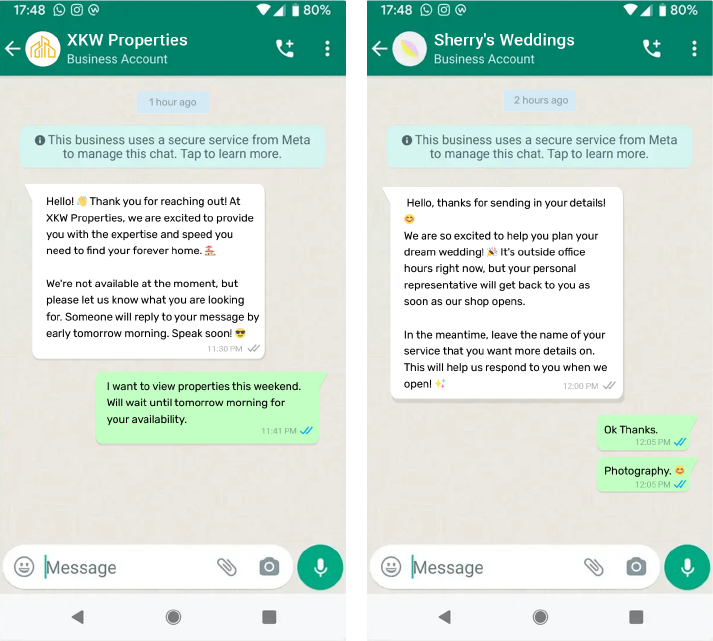 Good examples of how to use a WhatsApp Business autoresponder.