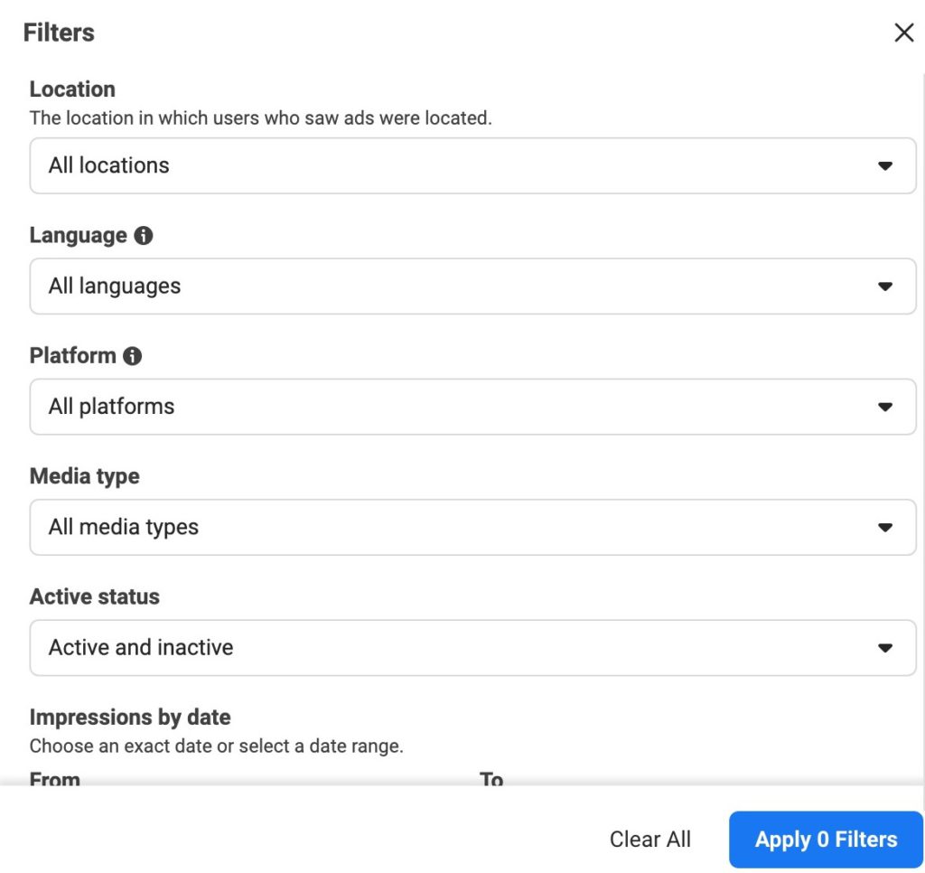 Facebook Ad Library - Competitor Ad Filter Options Facebook Ad Library Ad Filter Options