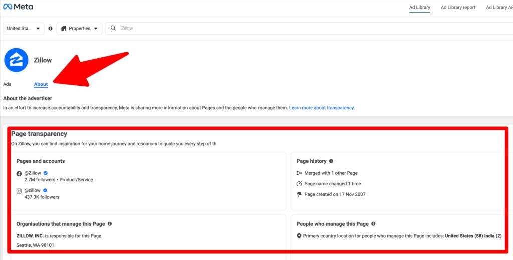 Facebook Ad Library Competitor Page About Info