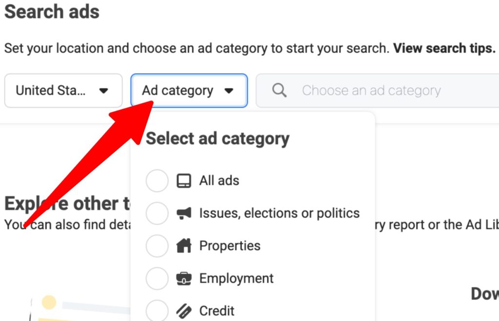 Facebook Ad Library Choose Ad Category