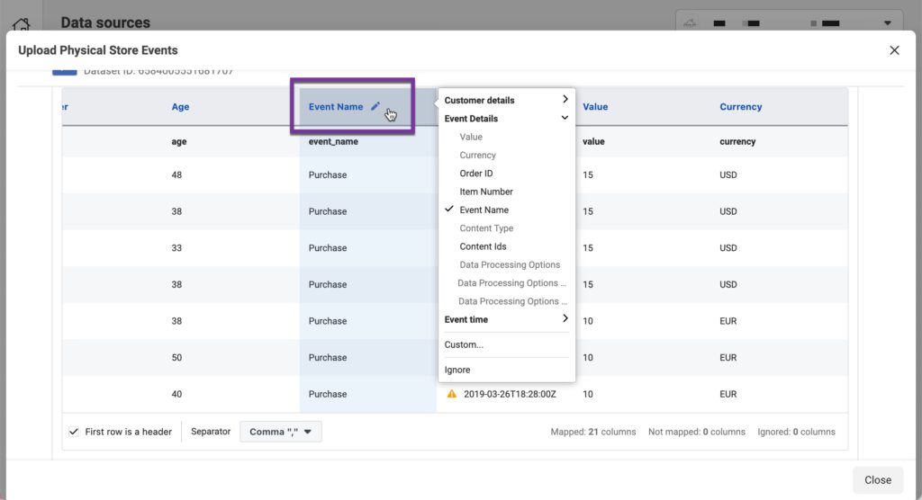 map data in offline conversions events manager