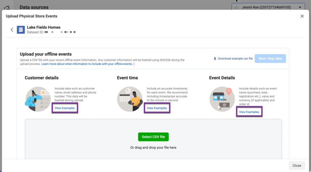 upload offline conversions data as CSV to Facebook