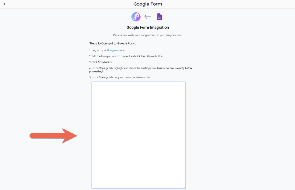 This image shows what Privyr's Google Form Integration page looks like when the code has been completely removed from the box