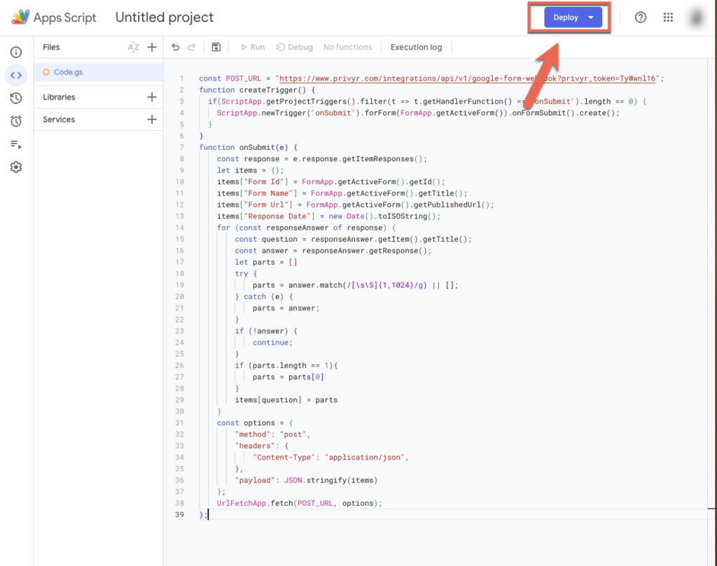 How to find the Deploy button in Google Forms' Script editor