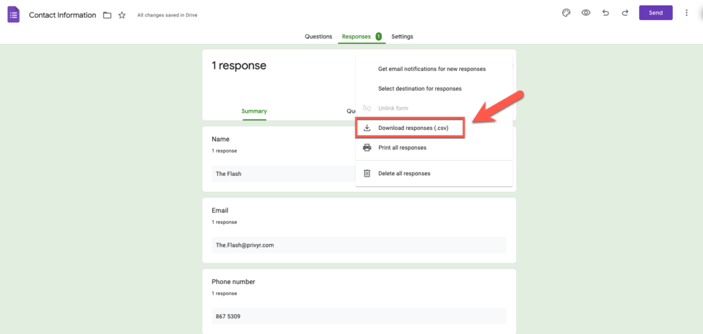 This image shows how to manually download responses as a CSV from Google Forms in Google Form Editor