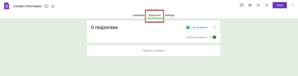 This image shows how to navigate to the Responses tab on the Google Forms Editor page