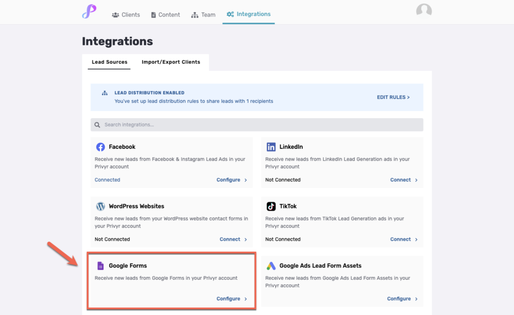 This image shows how to find Google Forms within Privyr's Integrations tab