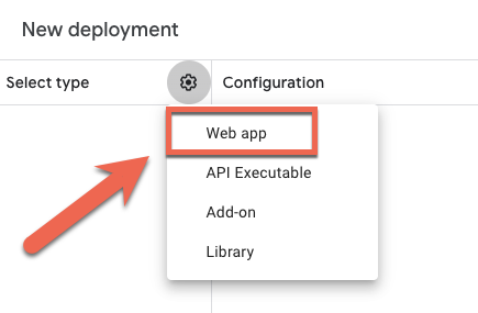How to find the Web app option in the Google Forms New deployment page