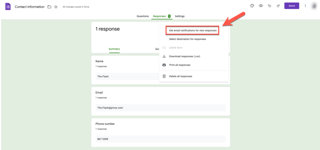 This image shows how to get a notification when a Google Form is submitted, using Google Forms features. The notification will come through email.