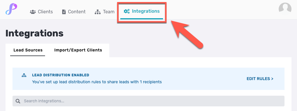 This image shows how to navigate to the Integrations tab in the Privyr web app, so you can integrate your Privyr account with your Google Forms