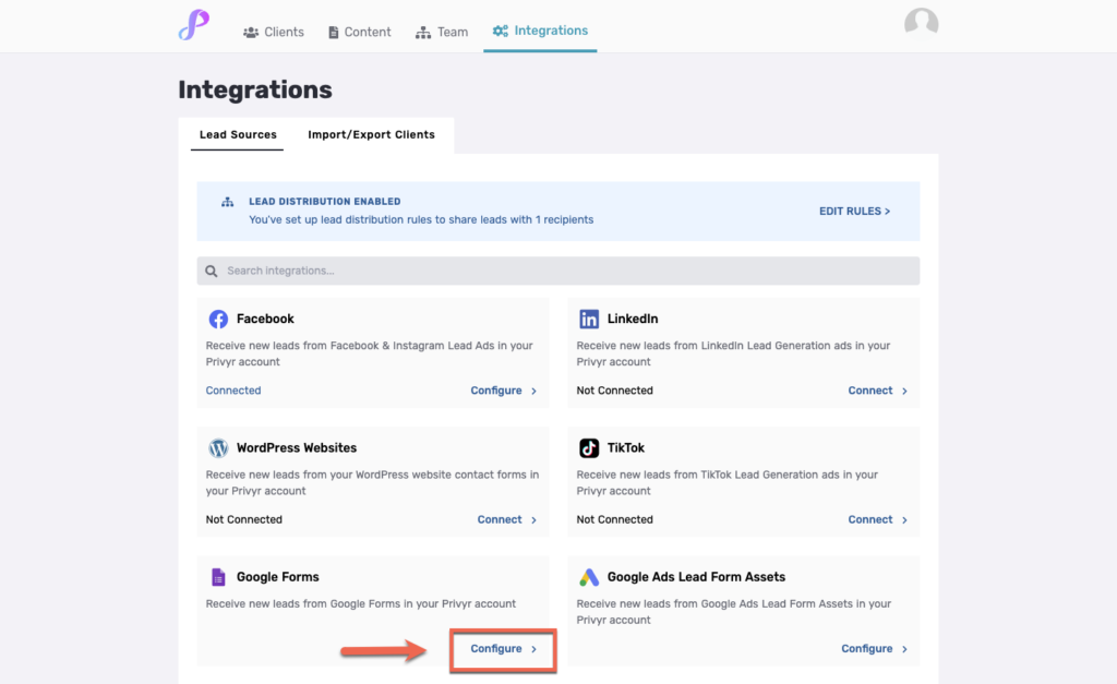 This image shows how to begin integrating your Privyr account with your Google Forms, so you can get a notification when a Google Form is submitted, instantly