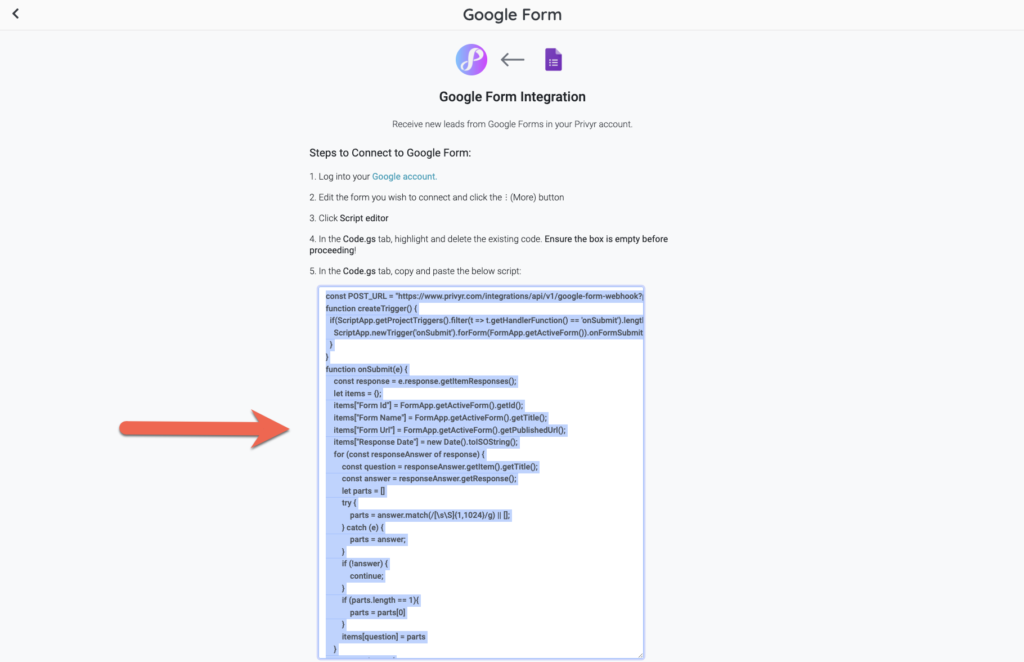 This image shows how to highlight the code on Privyr's Google Form Integration page