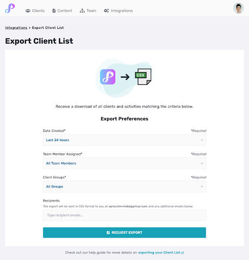 Here's the Export Client List options available now on Privyr.