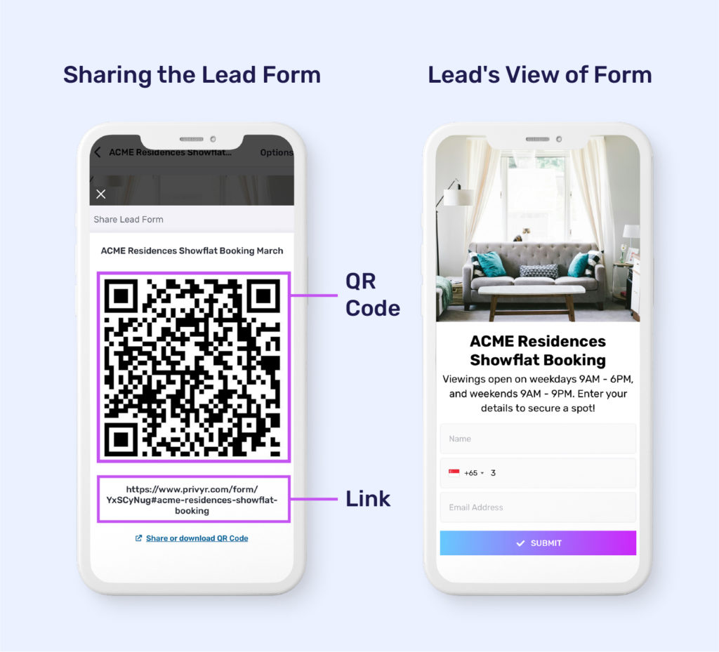 This graphic shows how to share your Privyr Lead Form, a lead generation form for real estate agents, via QR Code or Link. The QR Code and link are displayed on the phone on the left. The phone on the right shows what the form looks like to your clients when they click on the link or scan the QR code.