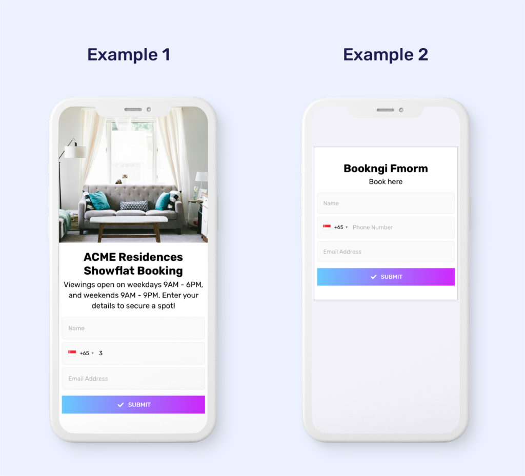 Privyr Lead Forms is a free lead generation form for real estate agents and other people who work with clients. This image shows an example of two Privyr Lead Forms. The one on the left has correct spelling, description, and a nice picture. The one on the right does not.