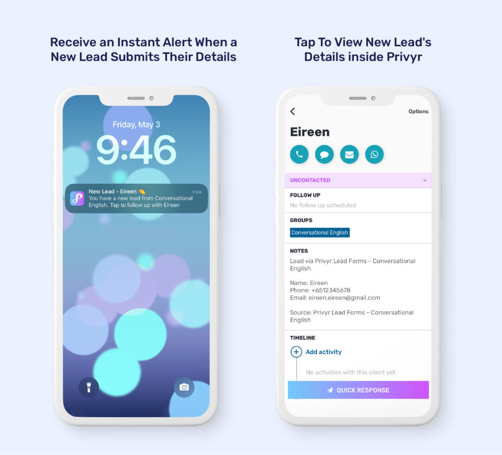 Here's how to increase online course sign-ups with Privyr Lead Forms. When a new lead submits their details through your form, you'll receive an instant lead alert. Tap to view the lead's details, already inside Privyr.