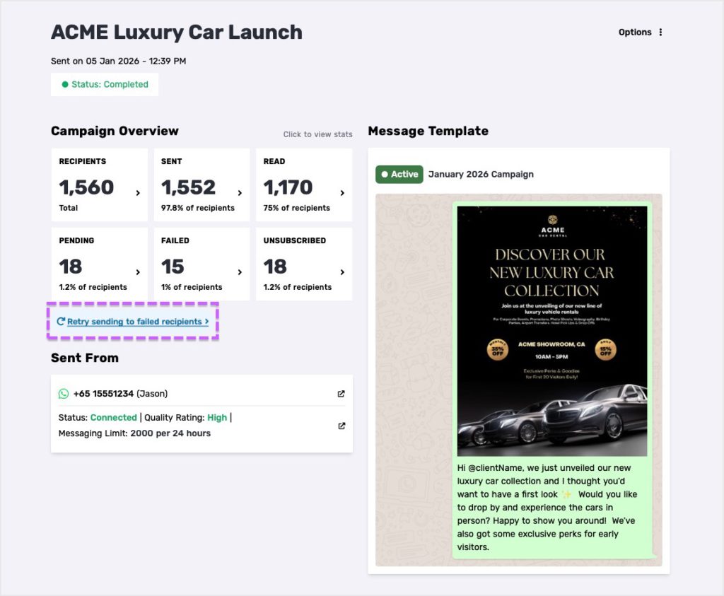 WhatsApp Campaigns page with "Retry sending to failed recipients" button