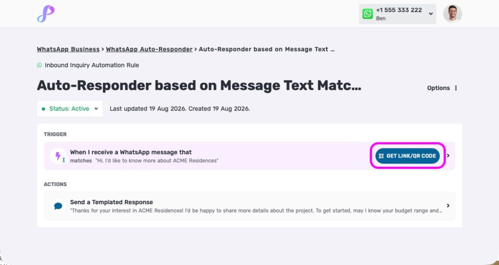 the button users can click to generate a WhatsApp link or QR code directly in Privyr