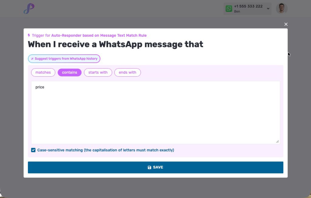setting up a text match rule in privyr WhatsApp autoresponder