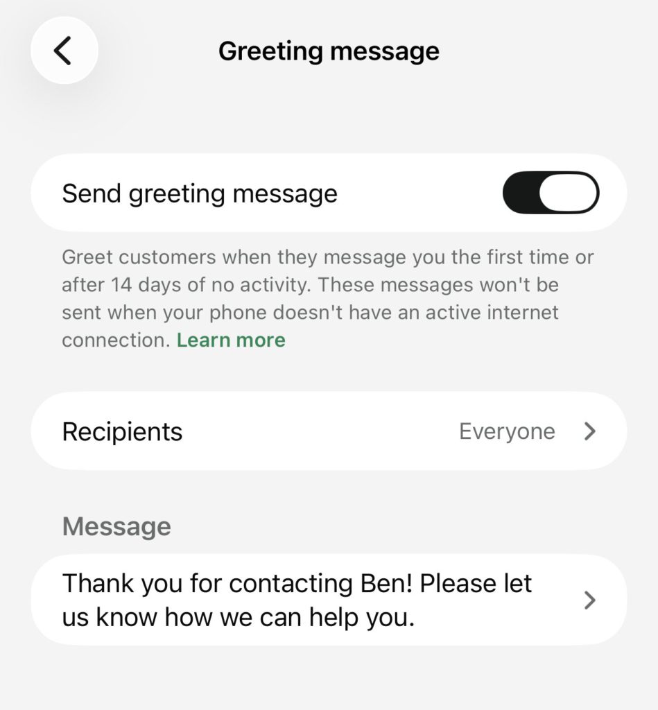 whatsapp built-in greeting message, which is sent to everyone