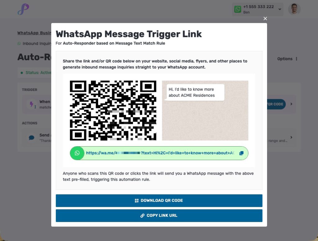 WhatsApp message trigger link and QR code generated directly in Privyr